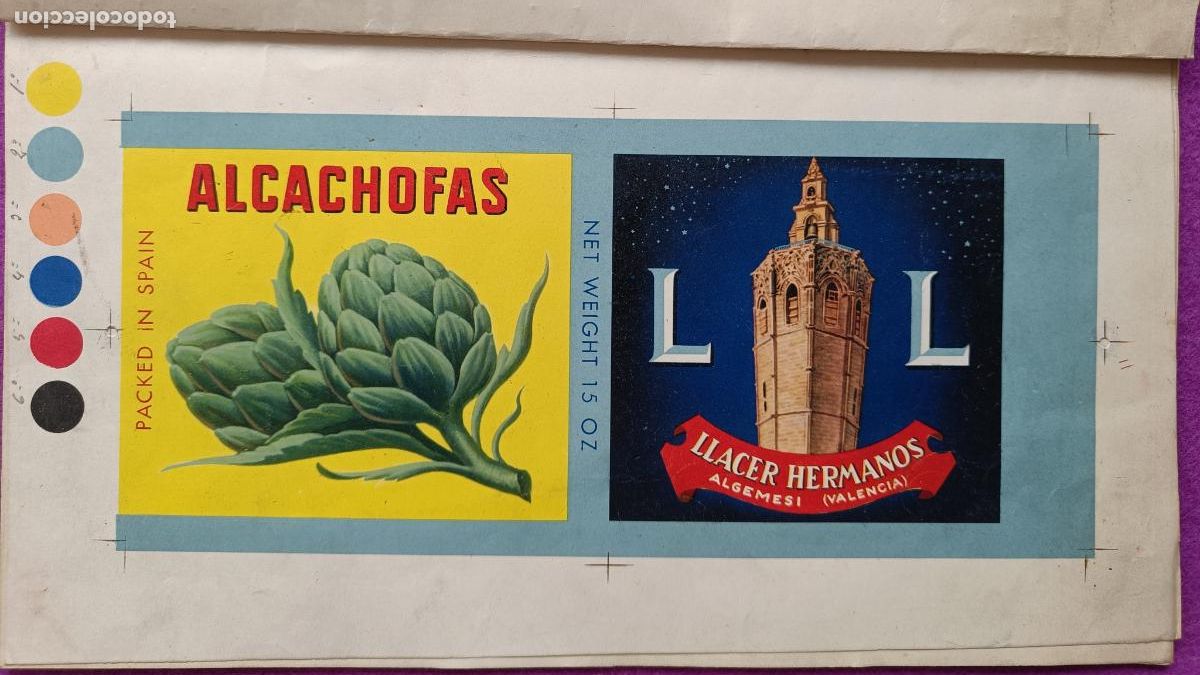 Collectionnisme d'affiches: CARTEL ITO ETIQUETA PRUEBA DE IMPRENTA ALCACHOFAS LLACER HERMANOS ALGEMESI VALENCIA EP120