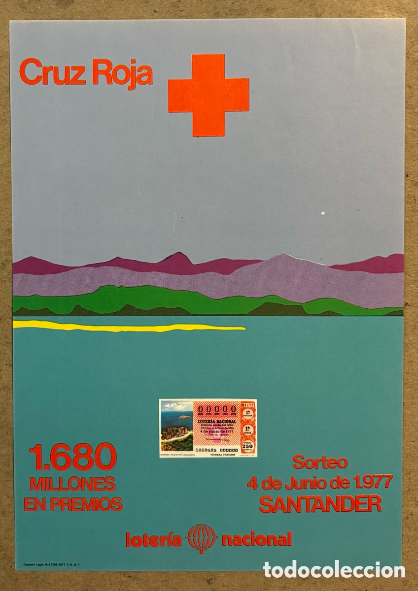 Collectionnisme d'affiches: SANTANDER. CARTEL PROMOCIONAL LOTER&Iacute;A NACIONAL SORTEO DE LA CRUZ ROJA 1977.