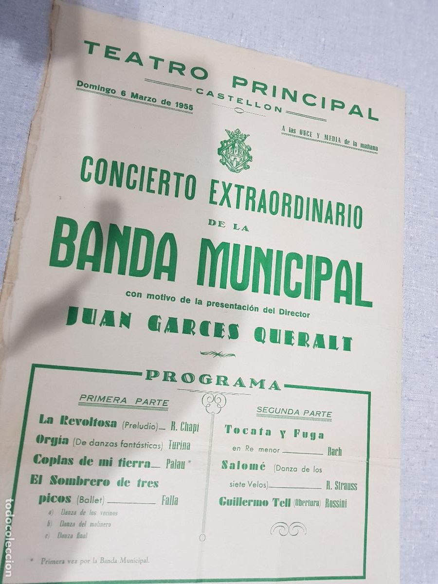 Coleccionismo de carteles: CASTELLON DE LA PLANA 1955 BANDA MUNICIPAL