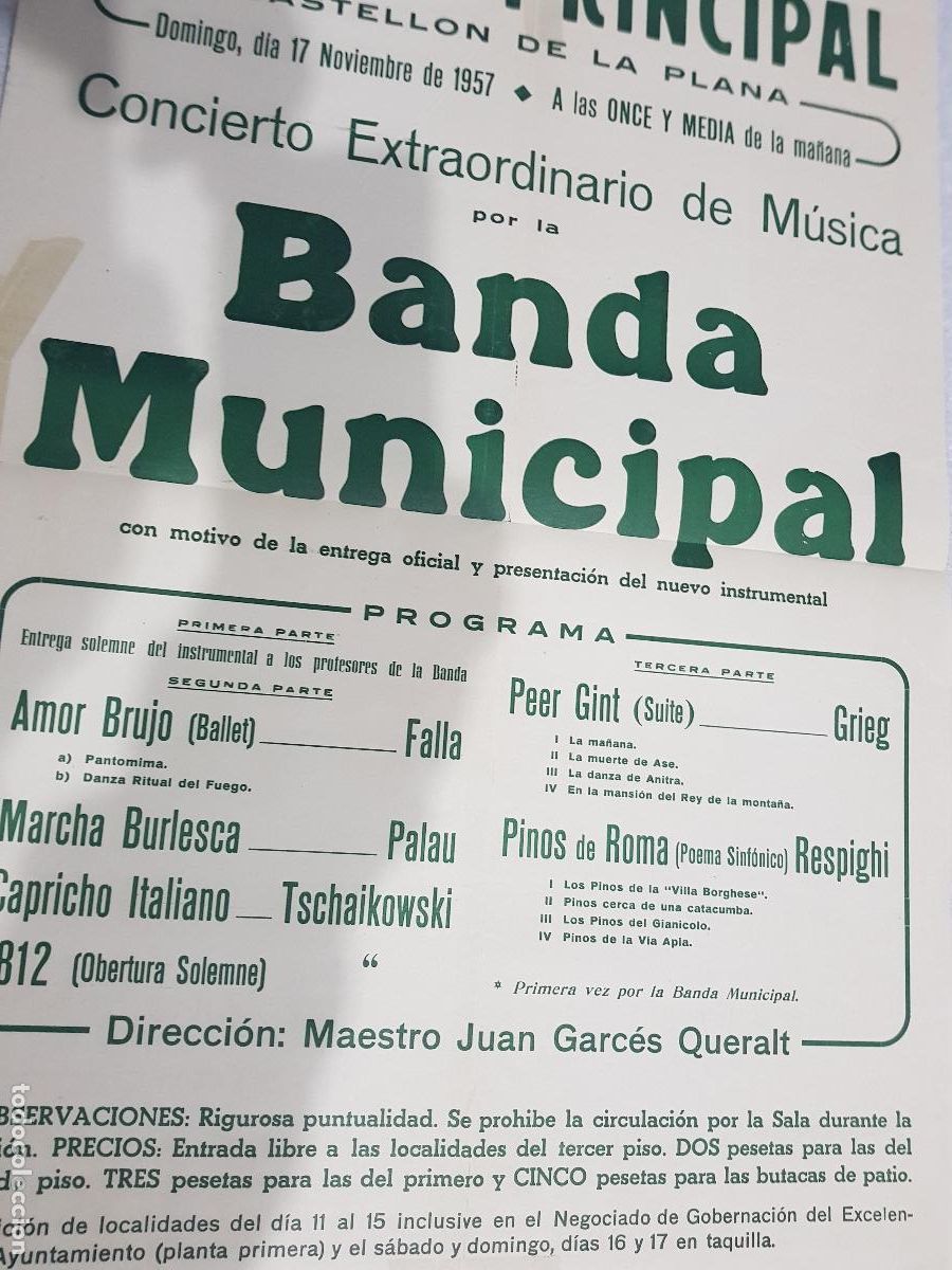 Coleccionismo de carteles: CASTELLON DE LA PLANA ,1957, BANDA MUNICIPAL DE MUSICA
