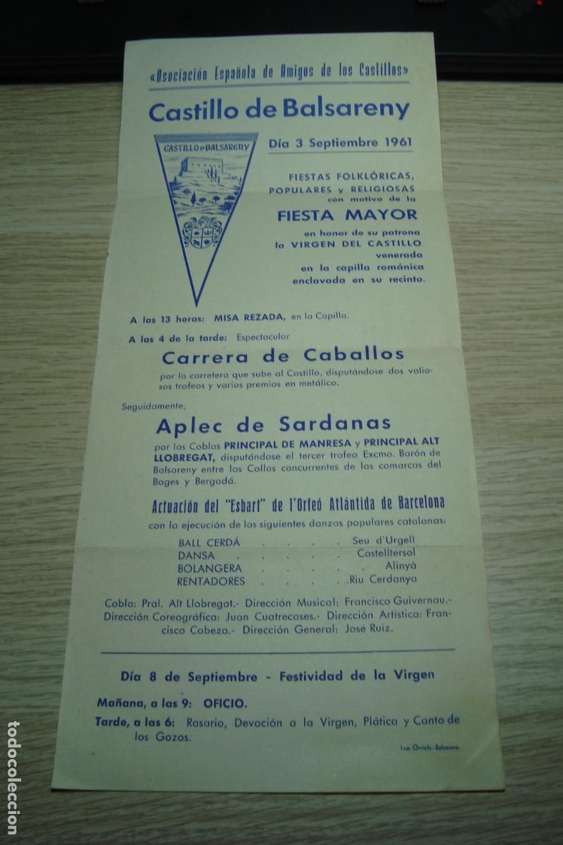Coleccionismo de carteles: ANTIGUO CARTEL PROGRAMA CASTILLO DE BALSARENY FIESTA MAYOR. BAGES BARCELONA 1961.