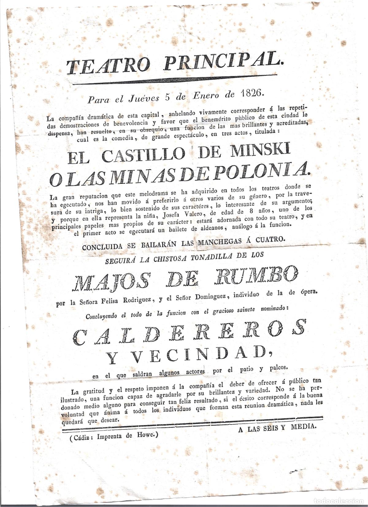 Coleccionismo de carteles: TEATRO PRINCIPAL CADIZ-JUEVES 5 ENE RO 1826-MINAS DE POLONIA-BAILE MAJOS DE RUMBO-CARTE-PROGRAMAL