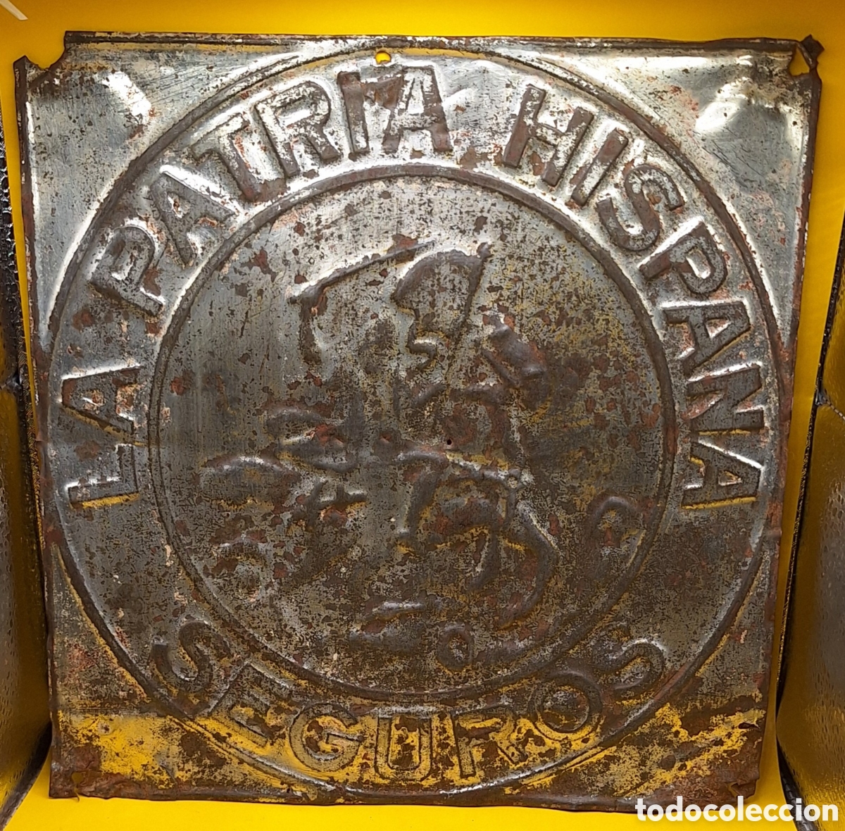 Coleccionismo de carteles: Antiguo Cartel Met&aacute;lico Seguros La Patria Hispana - Raro -