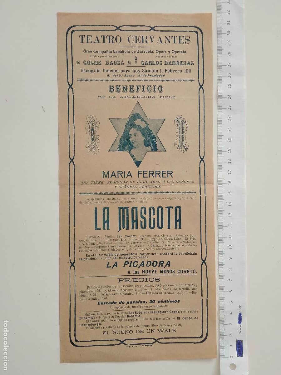 Coleccionismo de carteles: CARTEL TEATRO CERVANTES MALAGA 1911 COMPA&Ntilde;IA COSME BAUZA CARLOS BARRENAS MARIA FERRER LA MASCOTA