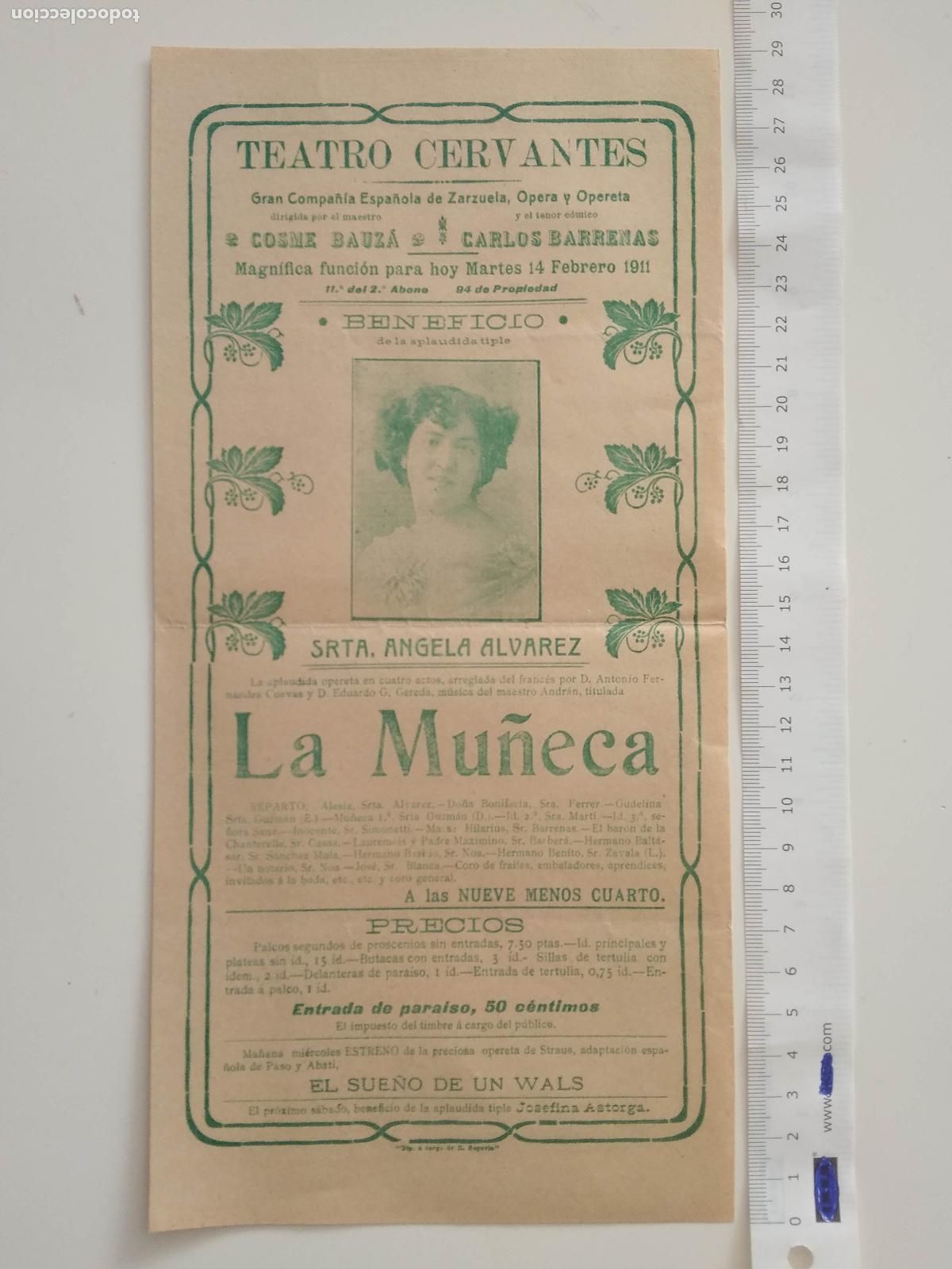 Coleccionismo de carteles: CARTEL TEATRO CERVANTES MALAGA 1911 COMPA&Ntilde;IA COSME BAUZA CARLOS BARRENAS ANGELA ALVAREZ LA MU&Ntilde;ECA