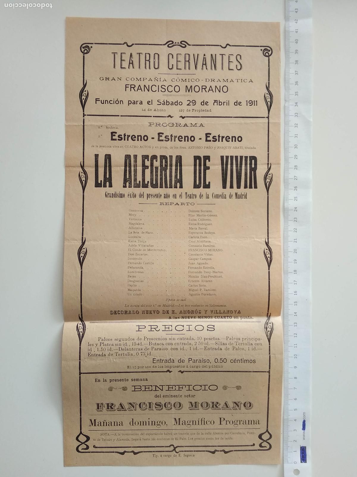 Coleccionismo de carteles: CARTEL TEATRO CERVANTES MALAGA 1911 COMPA&Ntilde;IA FRANCISCO MORANO LA ALEGRIA DE VIVIR DOLORES SORIANO