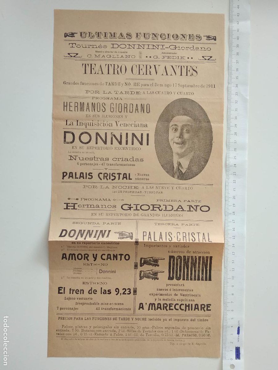 Coleccionismo de carteles: CARTEL TEATRO CERVANTES MALAGA 1911 TOURNEE DONNINI GIORDANO LA INQUISICION VENECIANA AMOR Y CANTO