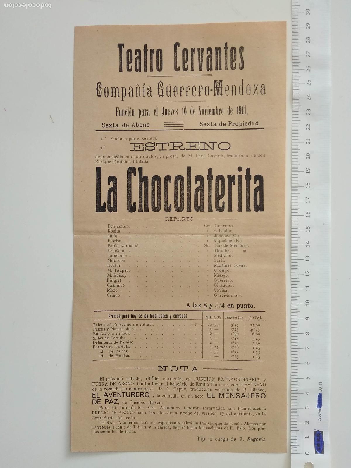 Coleccionismo de carteles: CARTEL TEATRO CERVANTES MALAGA 1911 COMPA&Ntilde;IA GUERRERO MENDOZA LA CHOCOLATERITA