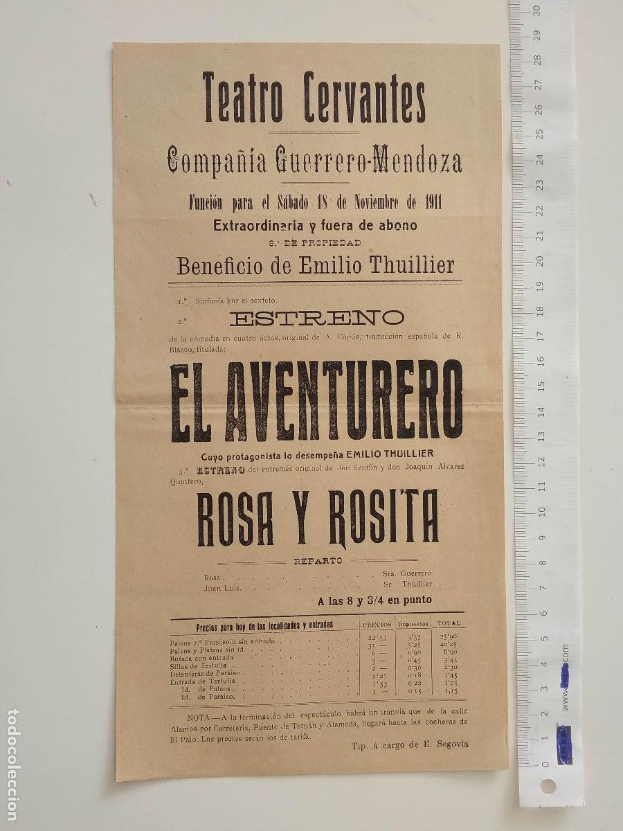 Coleccionismo de carteles: CARTEL TEATRO CERVANTES MALAGA 1911 COMPA&Ntilde;IA GUERRERO MENDOZA EL AVENTURERO EMILIO THUILLIER