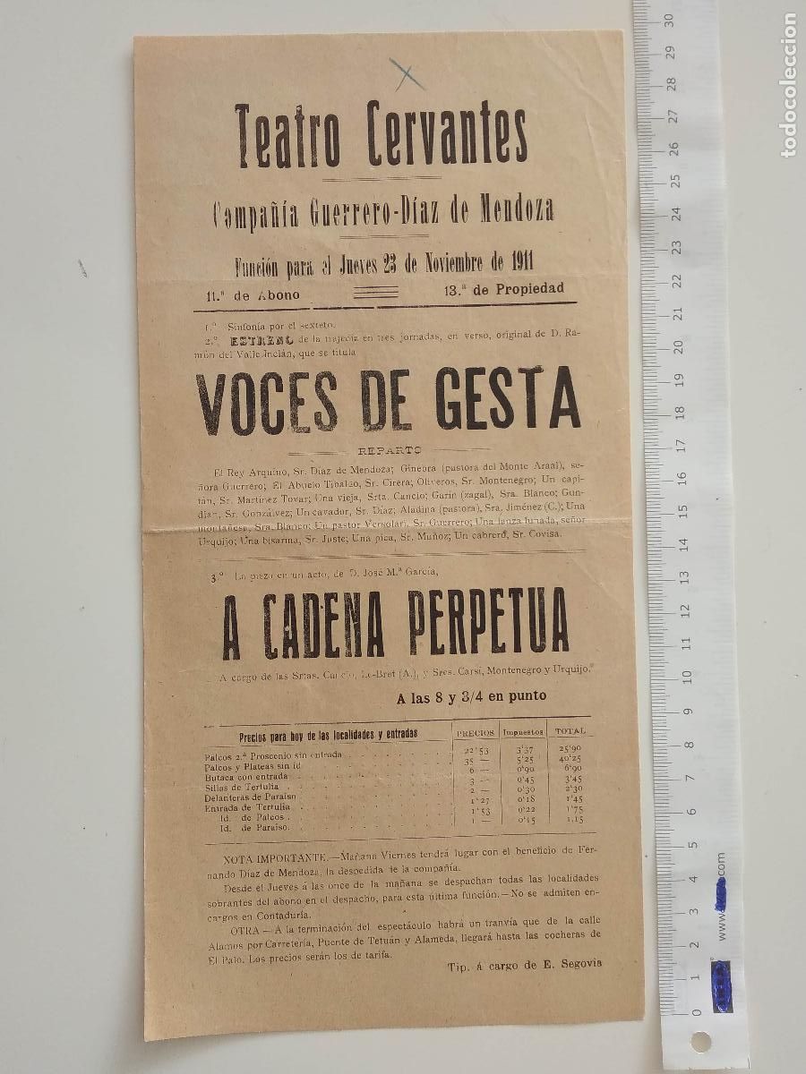 Coleccionismo de carteles: CARTEL TEATRO CERVANTES MALAGA 1911 COMPA&Ntilde;IA GUERRERO DIAZ DE MENDOZA VOCES DE GESTA CADENA PERPETUA