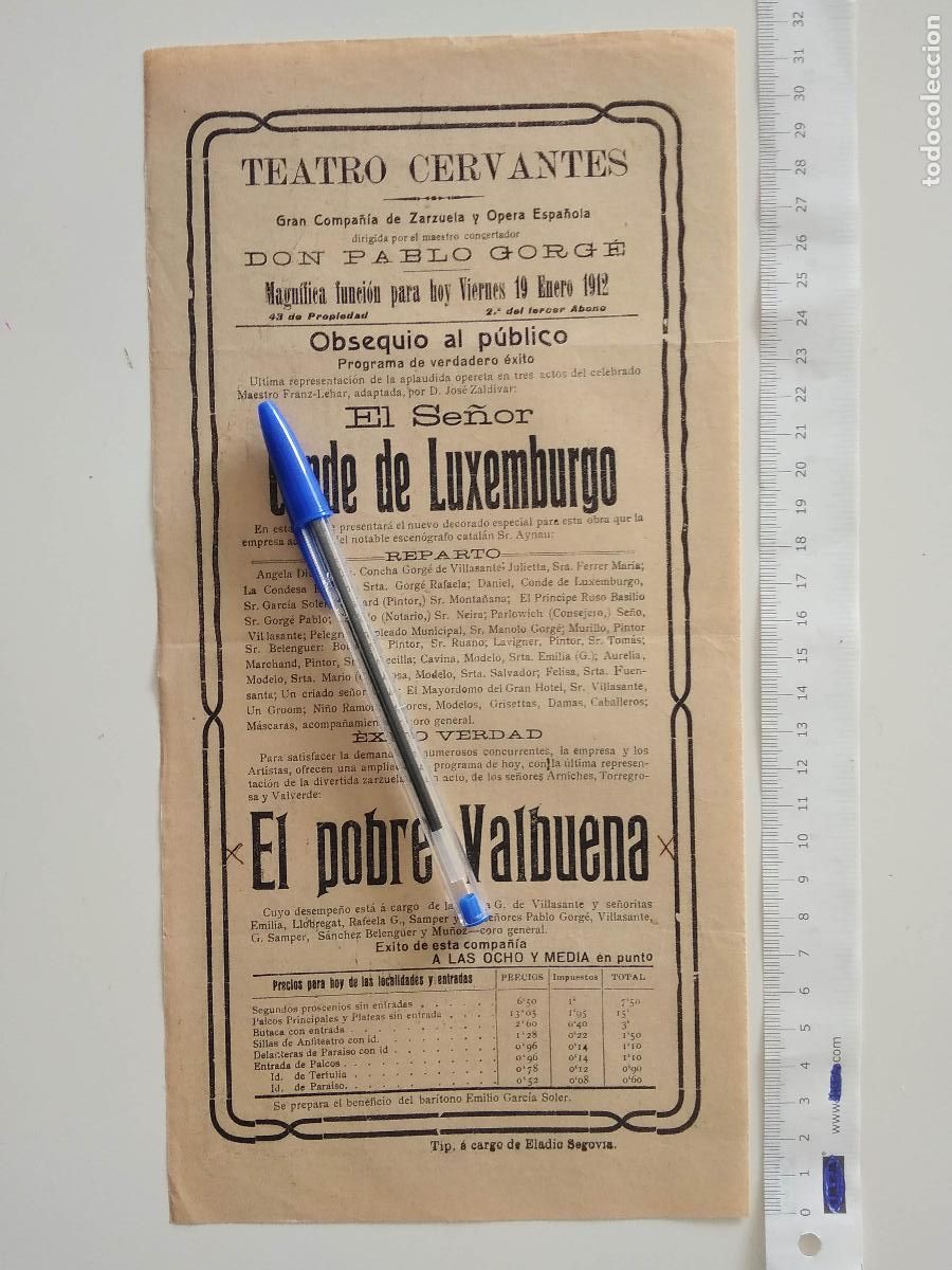 Coleccionismo de carteles: CARTEL TEATRO CERVANTES DE MALAGA 1912 DON PABLO GORGE EL SE&Ntilde;OR CONDE DE LUXEMBURGO POBRE VALBUENA