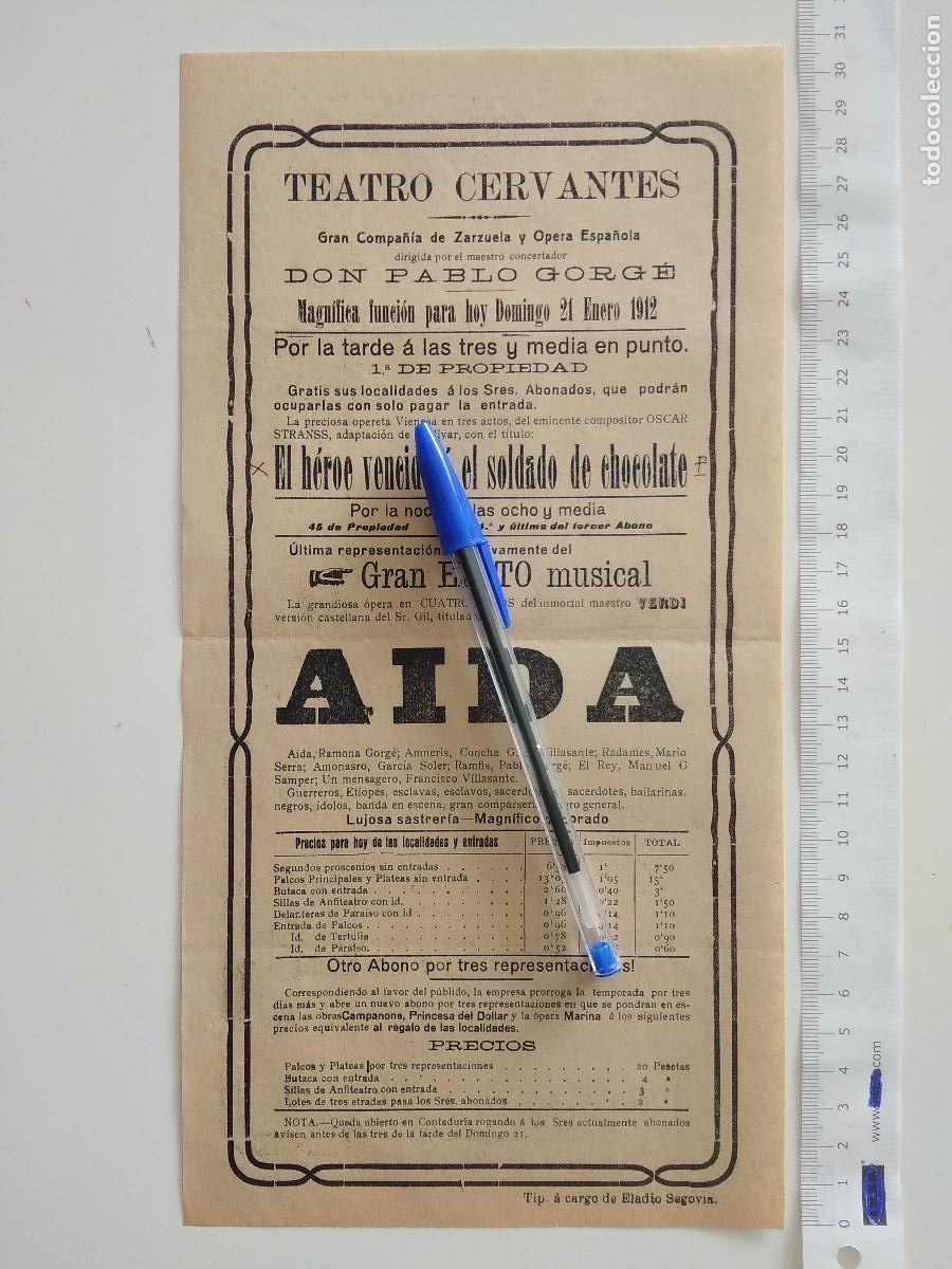 Coleccionismo de carteles: CARTEL TEATRO CERVANTES DE MALAGA 1912 DON PABLO GORGE AIDA RAMONA CONCHA VILLASANTE