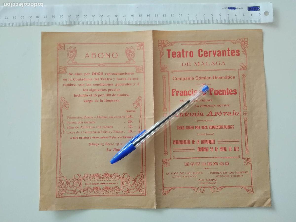 Coleccionismo de carteles: CARTEL TEATRO CERVANTES DE MALAGA 1912 COMPA&Ntilde;IA FRANCISCO FUENTES ANTONIA AREVALO