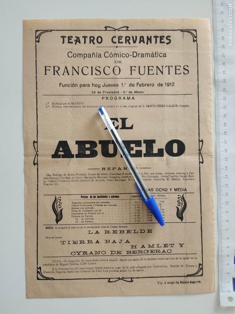 Coleccionismo de carteles: CARTEL TEATRO CERVANTES DE MALAGA 1912 COMPA&Ntilde;IA FRANCISCO FUENTES ANTONIA AREVALO EL ABUELO