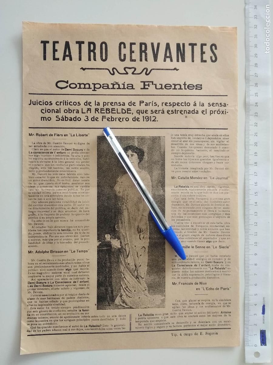 Coleccionismo de carteles: CARTEL TEATRO CERVANTES DE MALAGA 1912 COMPA&Ntilde;IA FRANCISCO FUENTES ANTONIA AREVALO LA REBELDE