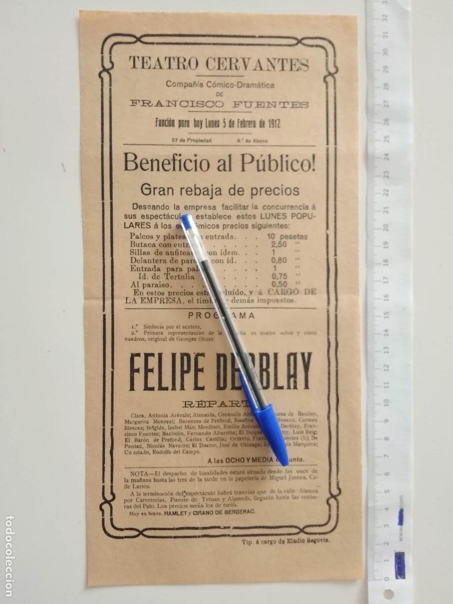 Coleccionismo de carteles: CARTEL TEATRO CERVANTES DE MALAGA 1912 COMPA&Ntilde;IA FRANCISCO FUENTES ANTONIA AREVALO FELIPE DERBLAY