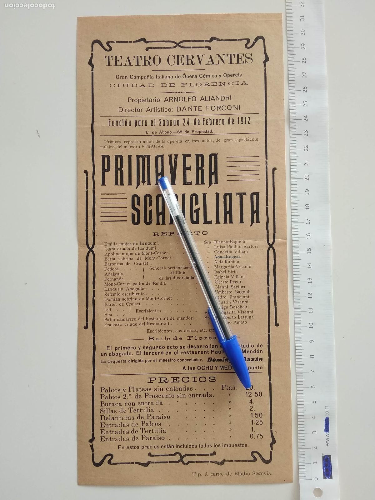 Coleccionismo de carteles: CARTEL TEATRO CERVANTES DE MALAGA 1912 ARNOLFO ALIANDRI DANTE FORCONI PRIMAVERA SCAPIGLIATA