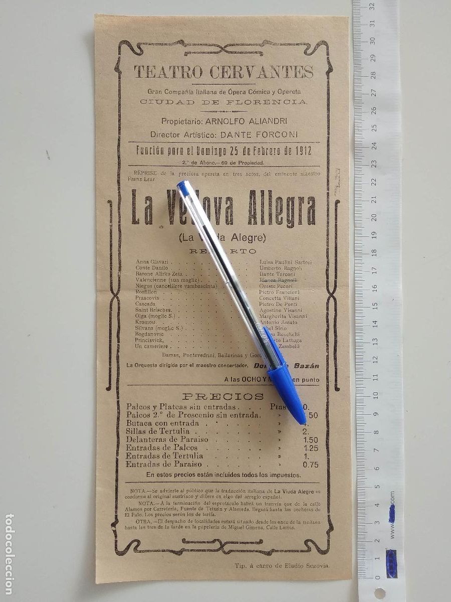 Coleccionismo de carteles: CARTEL TEATRO CERVANTES DE MALAGA 1912 ARNOLFO ALIANDRI DANTE FORCONI LA VEDOVA ALLEGRA
