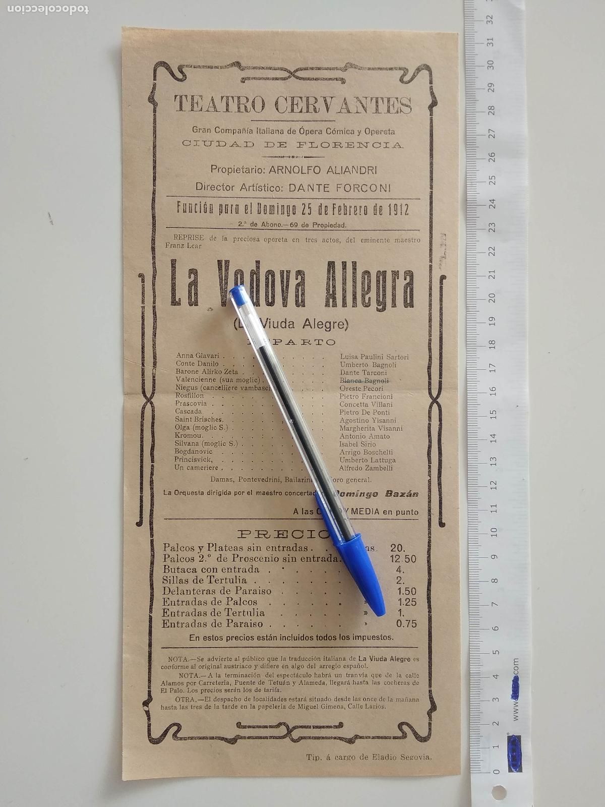 Coleccionismo de carteles: CARTEL TEATRO CERVANTES DE MALAGA 1912 ARNOLFO ALIANDRI DANTE FORCONI LA VEDOVA ALLEGRA