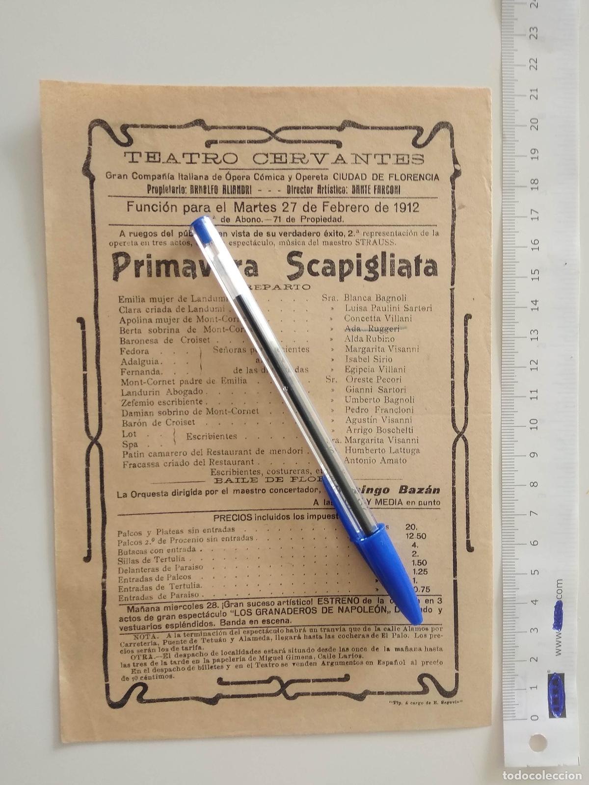 Coleccionismo de carteles: CARTEL TEATRO CERVANTES DE MALAGA 1912 COMPA&Ntilde;IA CIUDAD DE FLORENCIA PRIMAVERA SCAPIGLIATA