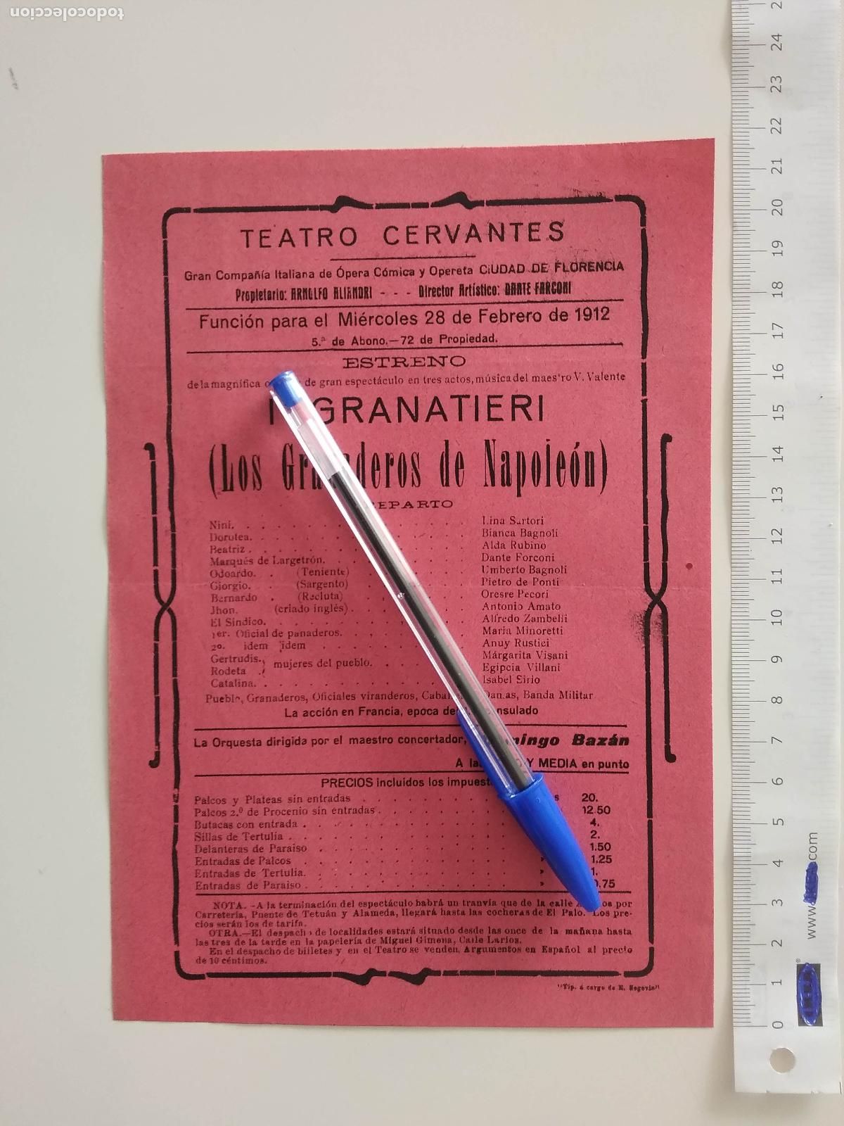 Coleccionismo de carteles: CARTEL TEATRO CERVANTES DE MALAGA 1912 COMPA&Ntilde;IA CIUDAD DE FLORENCIA I GRANATIERI