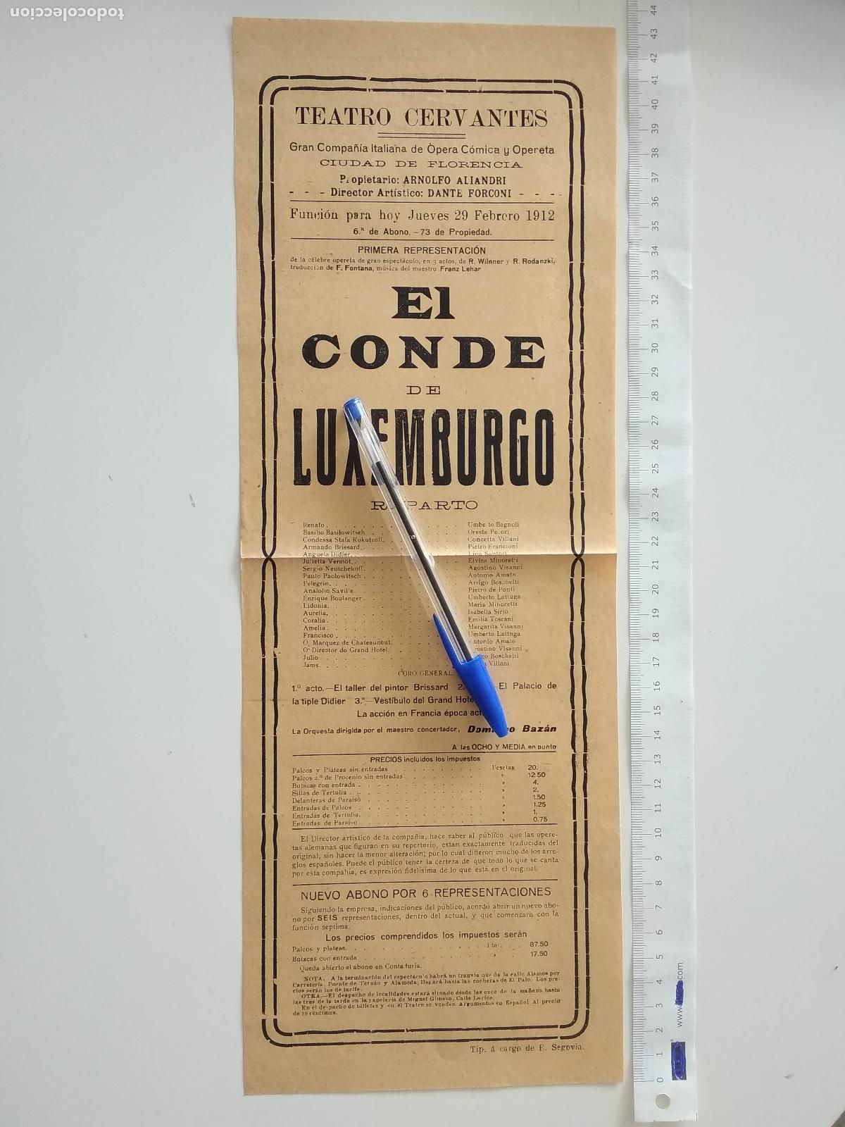 Coleccionismo de carteles: CARTEL TEATRO CERVANTES DE MALAGA 1912 COMPA&Ntilde;IA CIUDAD DE FLORENCIA EL CONDE DE LUXEMBURGO