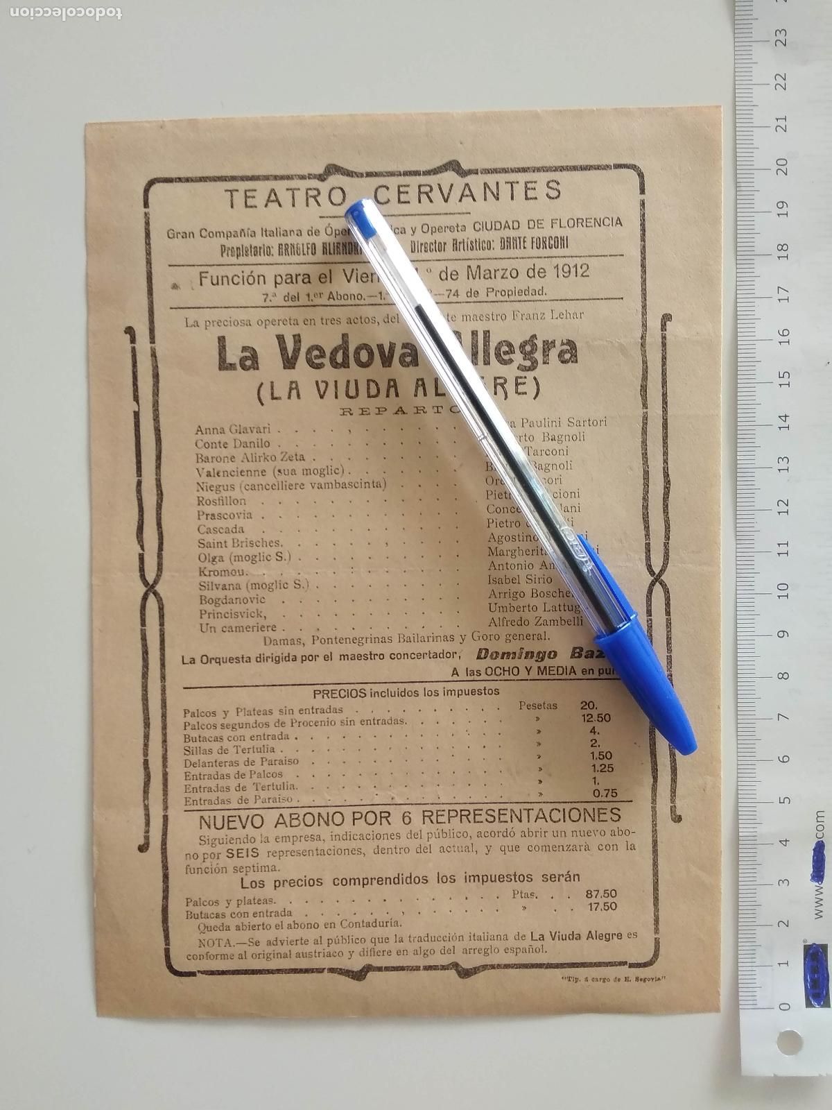 Coleccionismo de carteles: CARTEL TEATRO CERVANTES DE MALAGA 1912 COMPA&Ntilde;IA CIUDAD DE FLORENCIA LA VEDOVA ALLEGRA