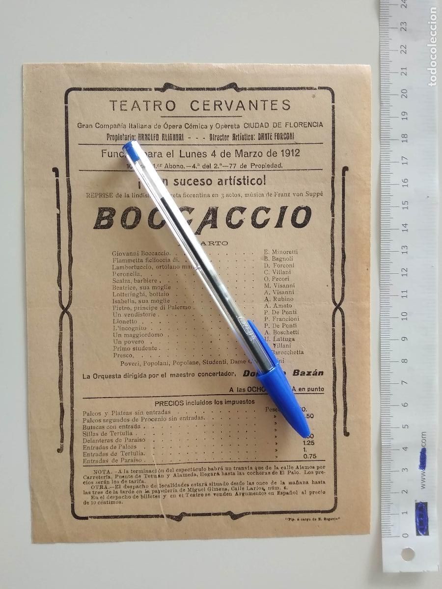 Coleccionismo de carteles: CARTEL TEATRO CERVANTES DE MALAGA 1912 COMPA&Ntilde;IA CIUDAD DE FLORENCIA BOCCACCIO