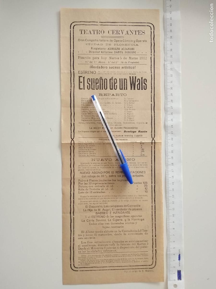 Coleccionismo de carteles: CARTEL TEATRO CERVANTES DE MALAGA 1912 COMPA&Ntilde;IA CIUDAD DE FLORENCIA EL SUE&Ntilde;O DE UN WALS