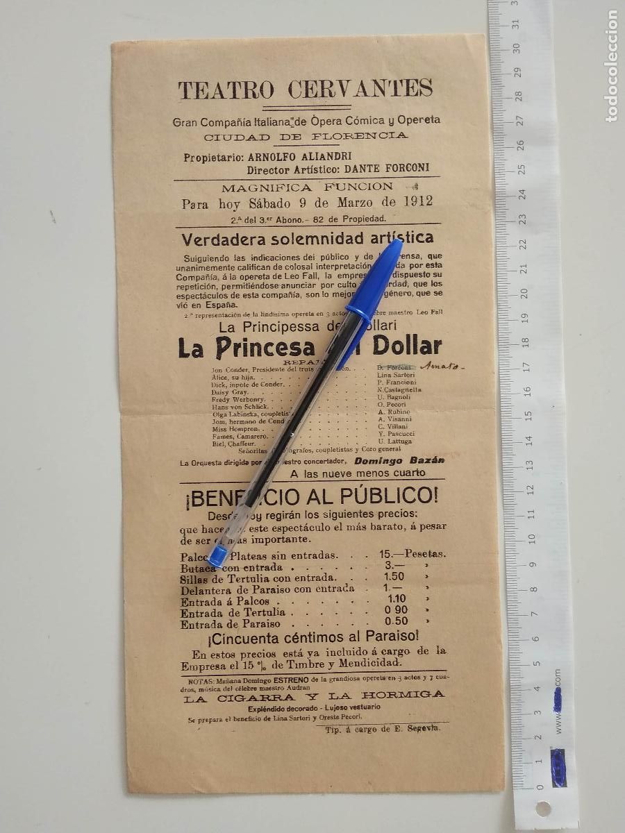 Coleccionismo de carteles: CARTEL TEATRO CERVANTES DE MALAGA 1912 COMPA&Ntilde;IA CIUDAD DE FLORENCIA LA PRINCESA DEL DOLLAR