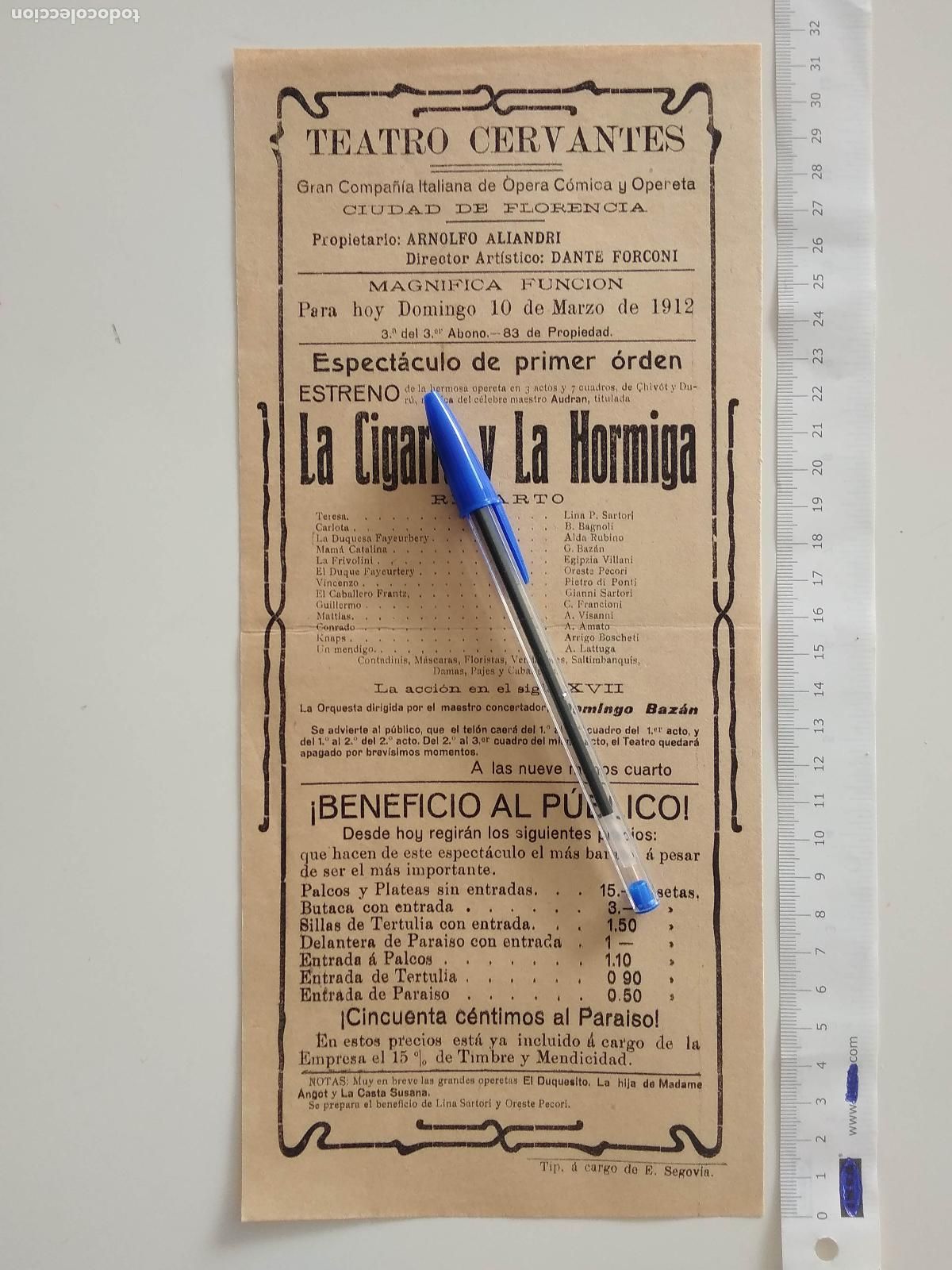 Coleccionismo de carteles: CARTEL TEATRO CERVANTES DE MALAGA 1912 COMPA&Ntilde;IA CIUDAD DE FLORENCIA LA CIGARRA Y LA HORMIGA