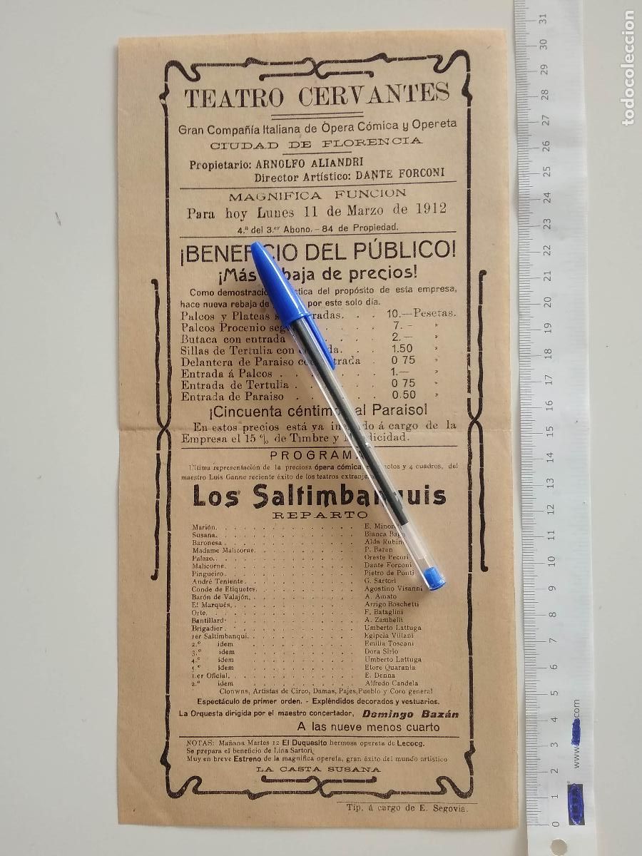 Coleccionismo de carteles: CARTEL TEATRO CERVANTES DE MALAGA 1912 COMPA&Ntilde;IA CIUDAD DE FLORENCIA LOS SALTIMBANQUIS