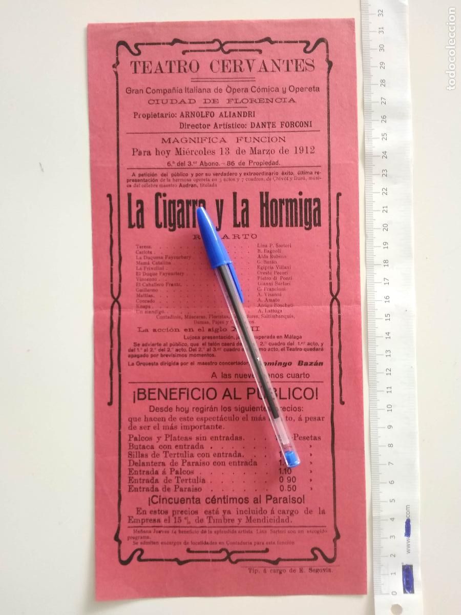 Coleccionismo de carteles: CARTEL TEATRO CERVANTES DE MALAGA 1912 COMPA&Ntilde;IA CIUDAD DE FLORENCIA LA CIGARRA Y LA HORMIGA