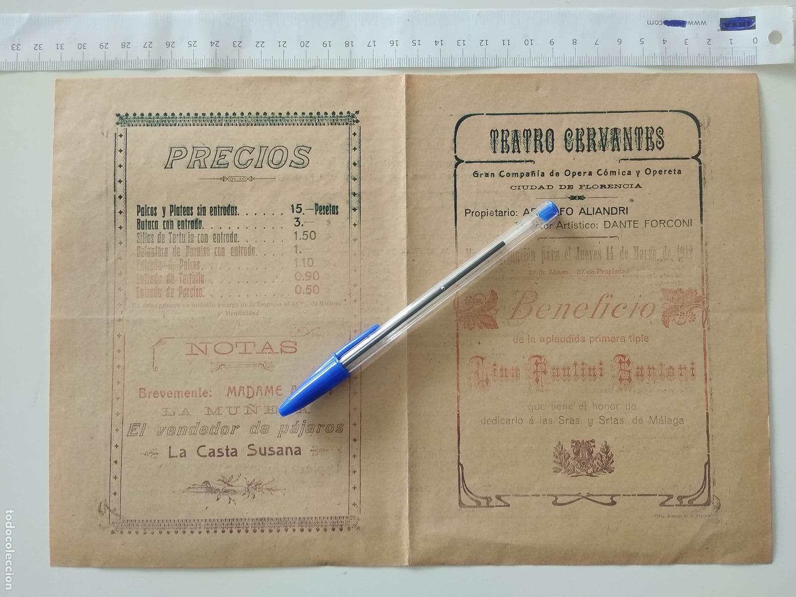 Coleccionismo de carteles: CARTEL TEATRO CERVANTES DE MALAGA 1912 COMPA&Ntilde;IA CIUDAD DE FLORENCIA LINA PAULINI SARIORI