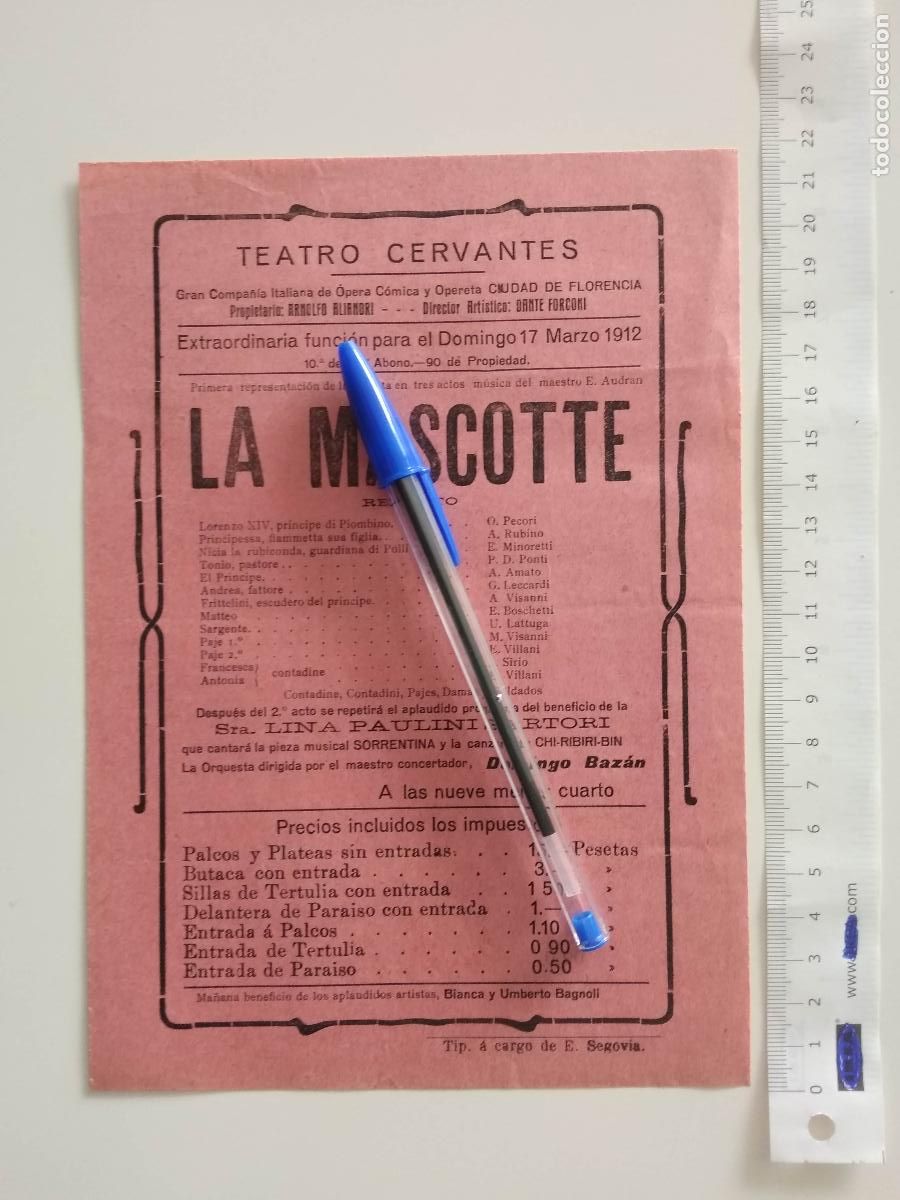 Coleccionismo de carteles: CARTEL TEATRO CERVANTES DE MALAGA 1912 COMPA&Ntilde;IA CIUDAD DE FLORENCIA LA MASCOTTE
