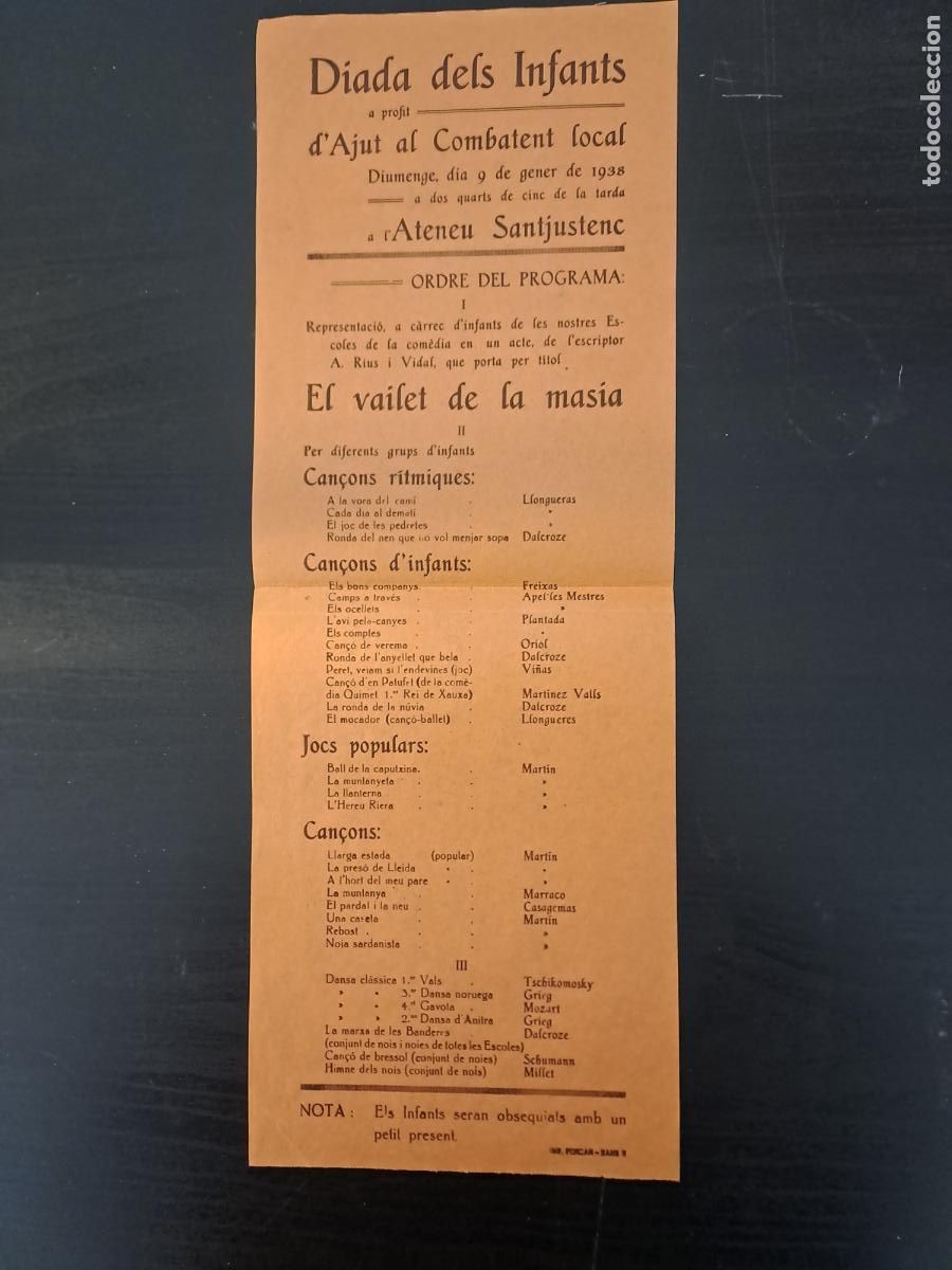 Coleccionismo de carteles: DIADA DEL INFANTS A PROFIT D`AJUT COMBATENT LOCAL-ATENEU SANTJUSTENC-SANT JUST DESVERN-GUERRA CIVIL