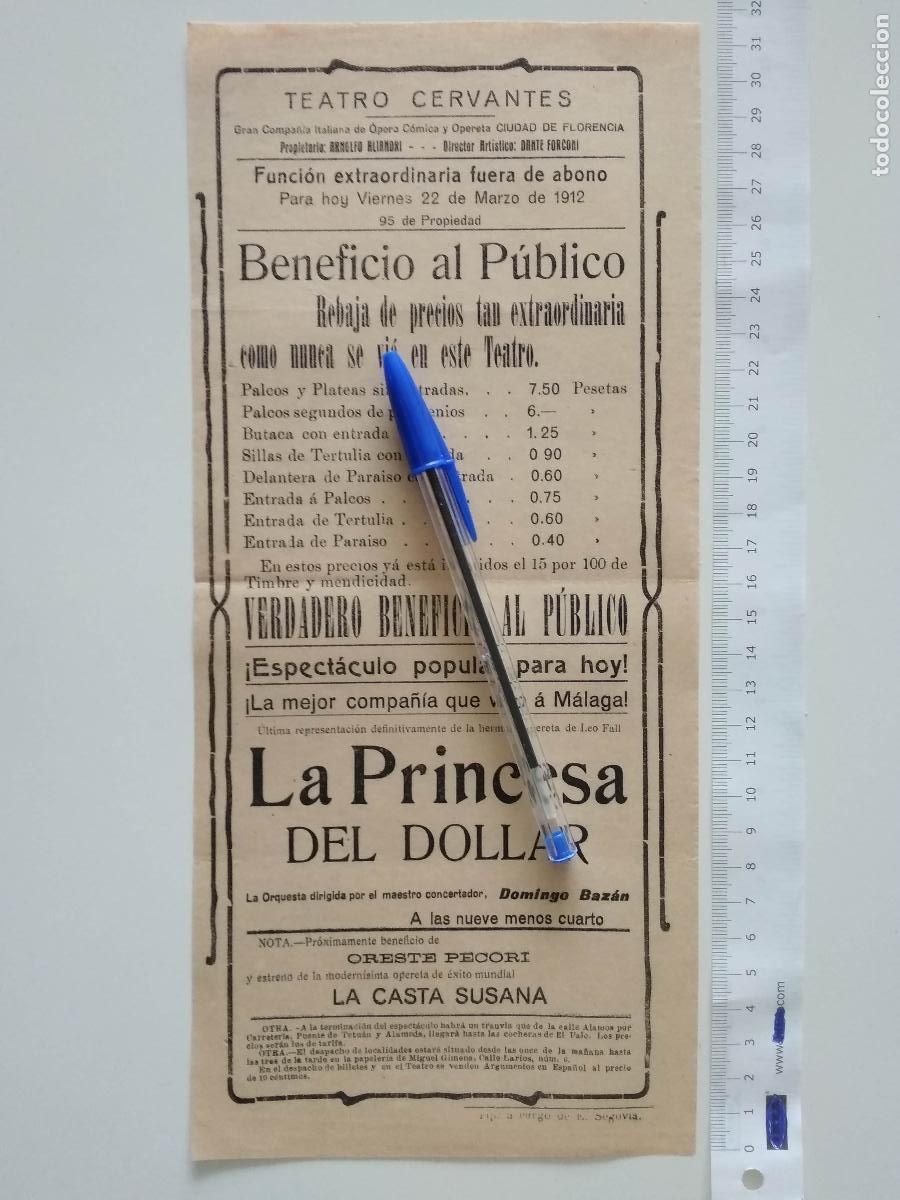 Coleccionismo de carteles: CARTEL TEATRO CERVANTES DE MALAGA 1912 COMPA&Ntilde;IA CIUDAD DE FLORENCIA LA PRINCESA DEL DOLLAR