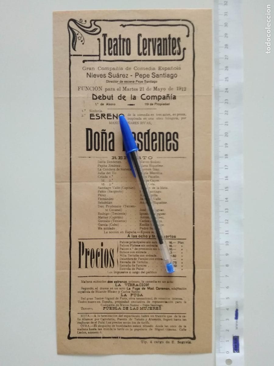 Coleccionismo de carteles: CARTEL TEATRO CERVANTES DE MALAGA 1912 COMPA&Ntilde;IA NIEVES SUAREZ PEPE SANTIAGO DO&Ntilde;A DESDENES