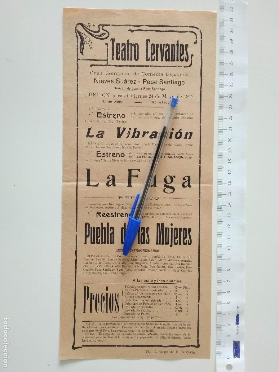 Coleccionismo de carteles: CARTEL TEATRO CERVANTES DE MALAGA 1912 COMPA&Ntilde;IA NIEVES SUAREZ PEPE SANTIAGO LA VIBRACION LA FUGA