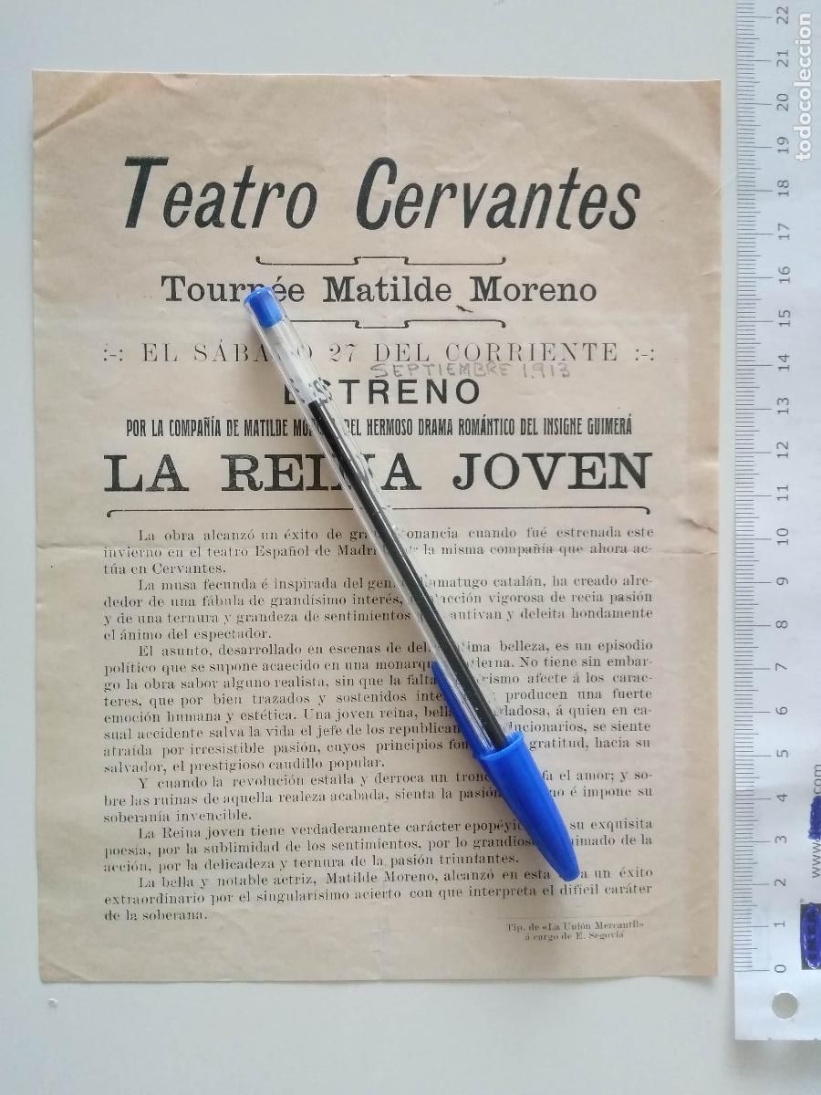 Coleccionismo de carteles: CARTEL TEATRO CERVANTES DE MALAGA 1913 TOURNEE MATILDE MORENO LA REINA JOVEN