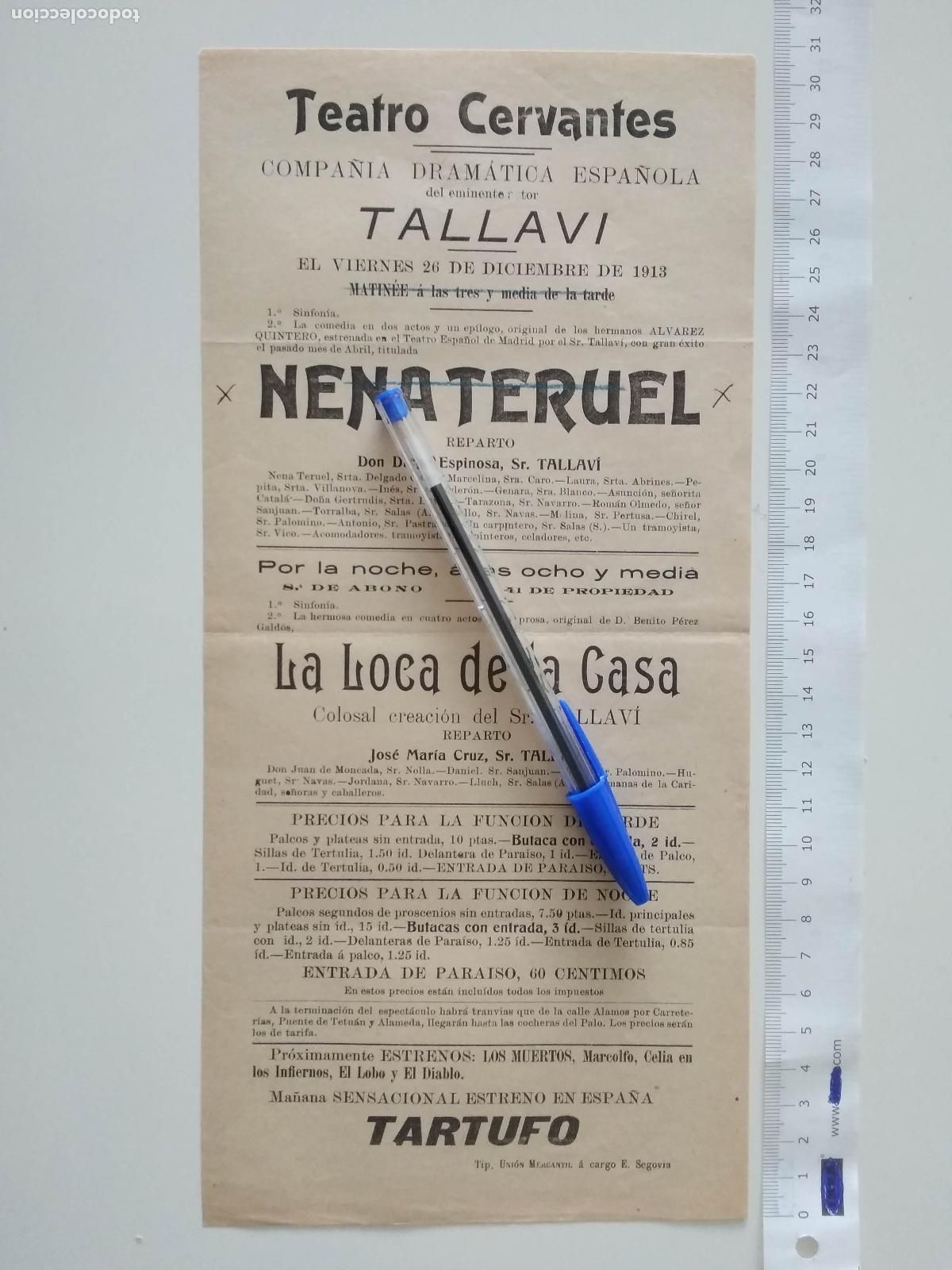 Coleccionismo de carteles: CARTEL TEATRO CERVANTES DE MALAGA 1913 COMPA&Ntilde;IA TALLAVI NENA TERUEL LA LOCA DE LA CASA