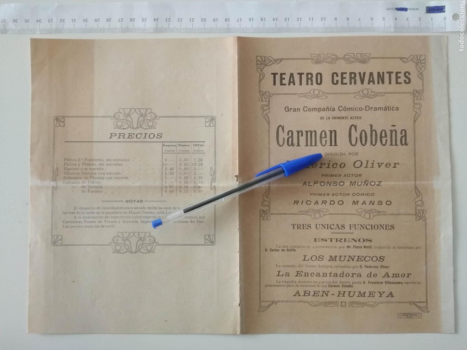 Coleccionismo de carteles: CARTEL TEATRO CERVANTES DE MALAGA 1914 COMPA&Ntilde;IA CARMEN COBE&Ntilde;A FEDERICO OLIVER ALFONSO MU&Ntilde;OZ MANSO