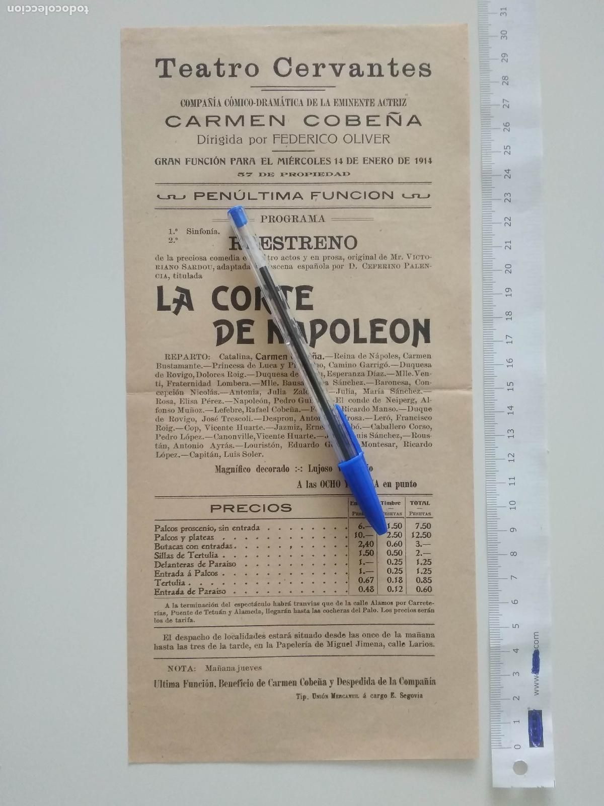 Coleccionismo de carteles: CARTEL TEATRO CERVANTES DE MALAGA 1914 COMPA&Ntilde;IA CARMEN COBE&Ntilde;A LA CORTE DE NAPOLEON FEDERICO OLIVER