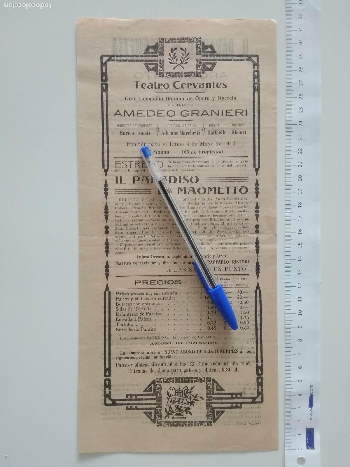 Coleccionismo de carteles: CARTEL TEATRO CERVANTES DE MALAGA 1914 COMPA&Ntilde;IA AMEDEO GRANIERI IL PARADISO DI MAOMETTO
