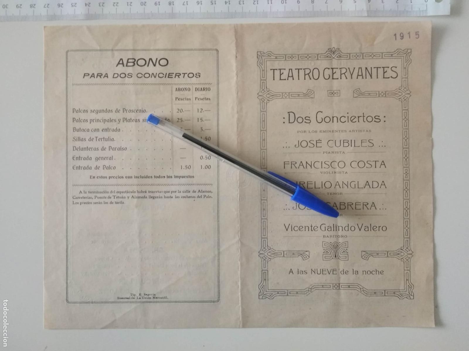 Coleccionismo de carteles: CARTEL TEATRO CERVANTES DE MALAGA 1915 JOSE CUBILES FRANCISCO COSTA AURELIO ANGLADA JOSE CABRERA