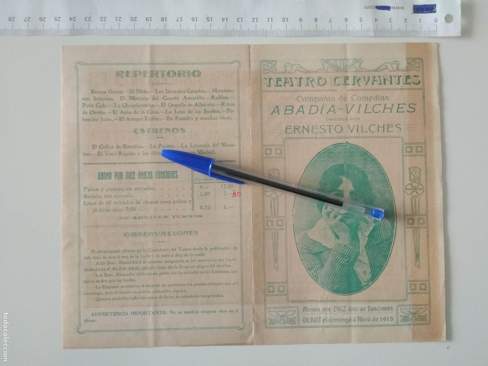 Coleccionismo de carteles: CARTEL TEATRO CERVANTES DE MALAGA 1915 COMPA&Ntilde;IA ABADIA VILCHES ERNESTO RAFELA SEGUNDO AMELIA ANUNCIO
