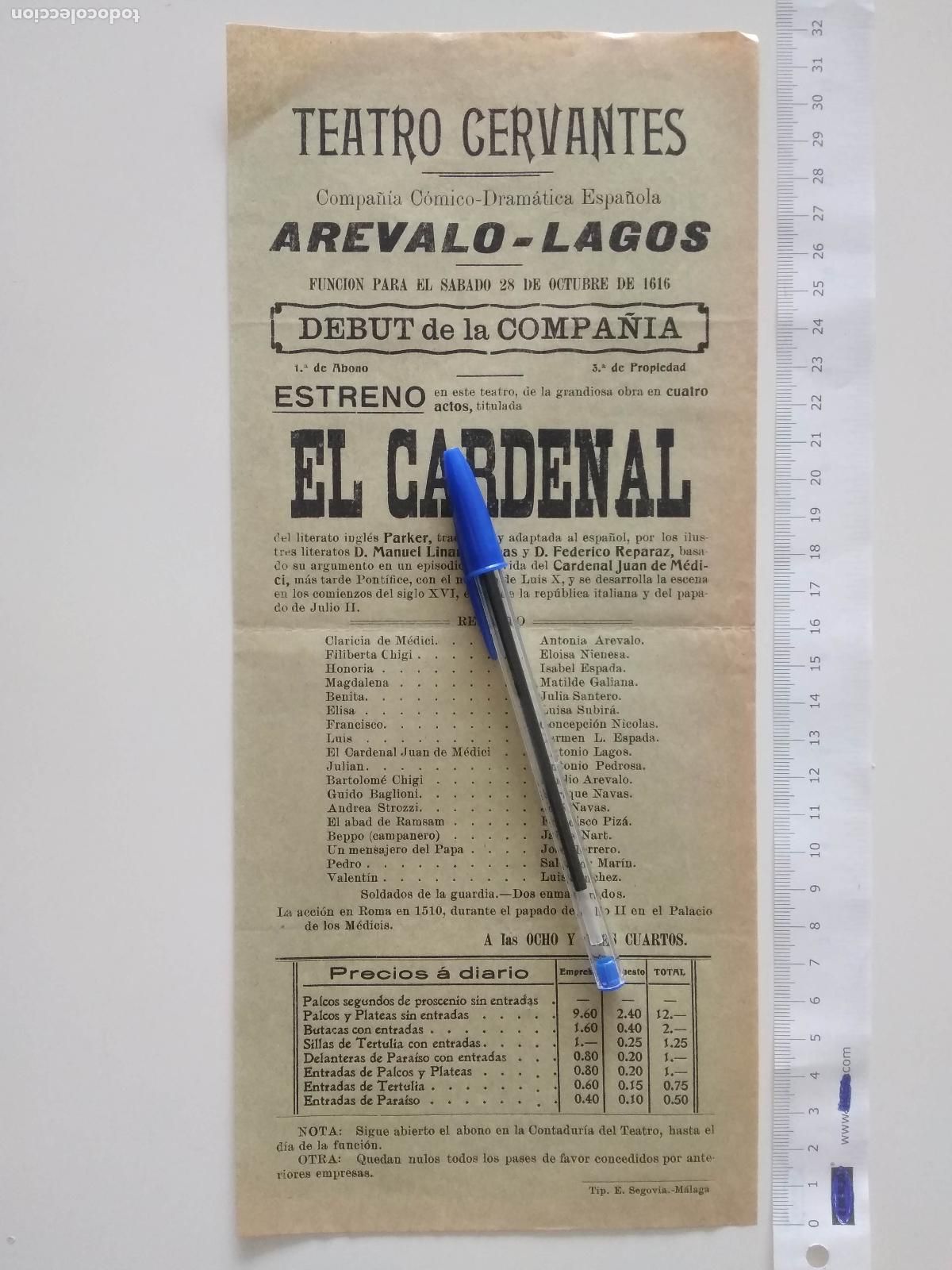 Coleccionismo de carteles: CARTEL TEATRO CERVANTES DE MALAGA 1915 COMPA&Ntilde;IA AREVALO LAGOS EL CARDENAL ANTONIA ELOISA NIENESA