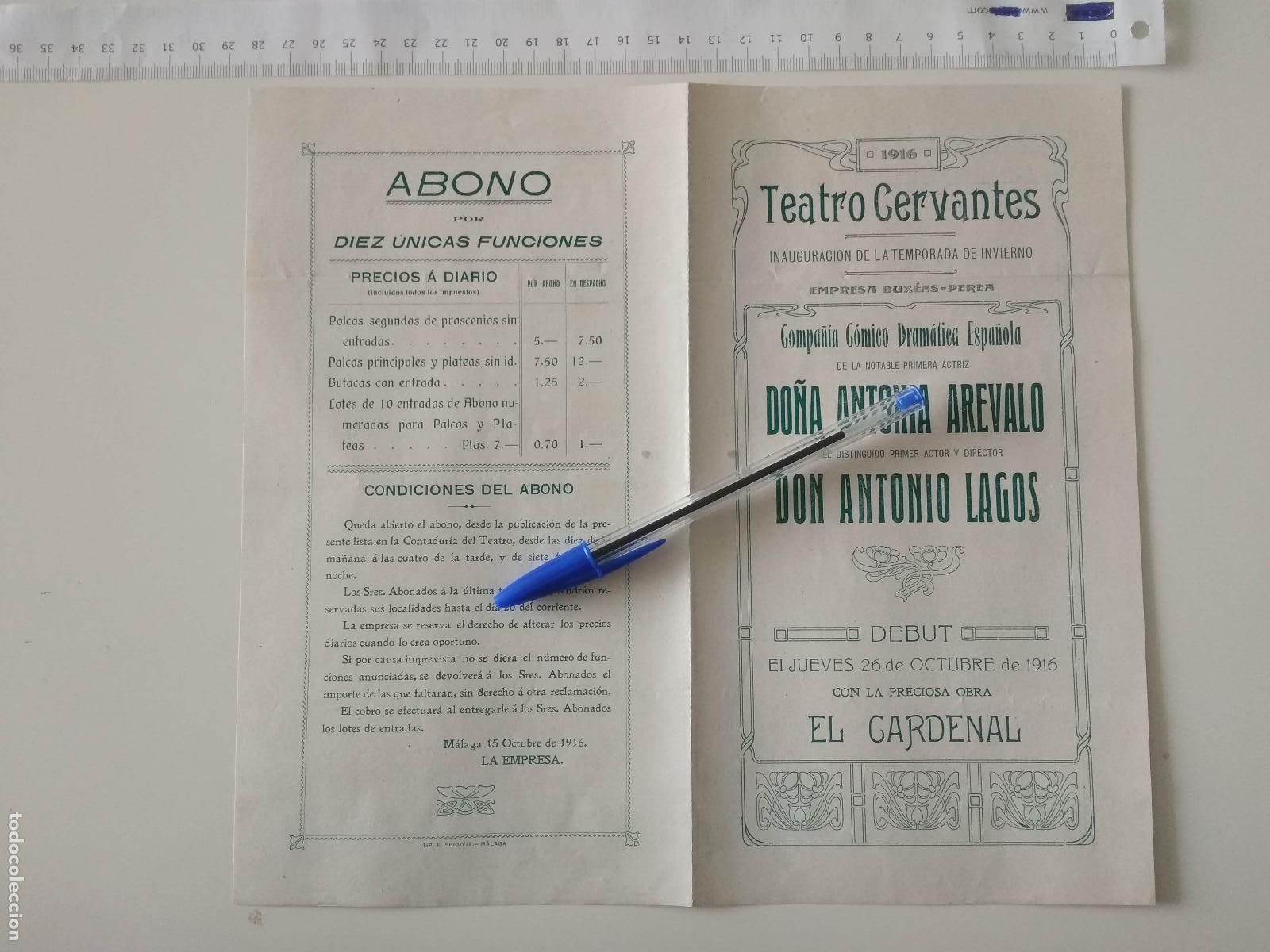 Coleccionismo de carteles: CARTEL TEATRO CERVANTES DE MALAGA 1916 COMPA&Ntilde;IA ANTONIA AREVALO ANTONIO LAGOS EL CARDENAL