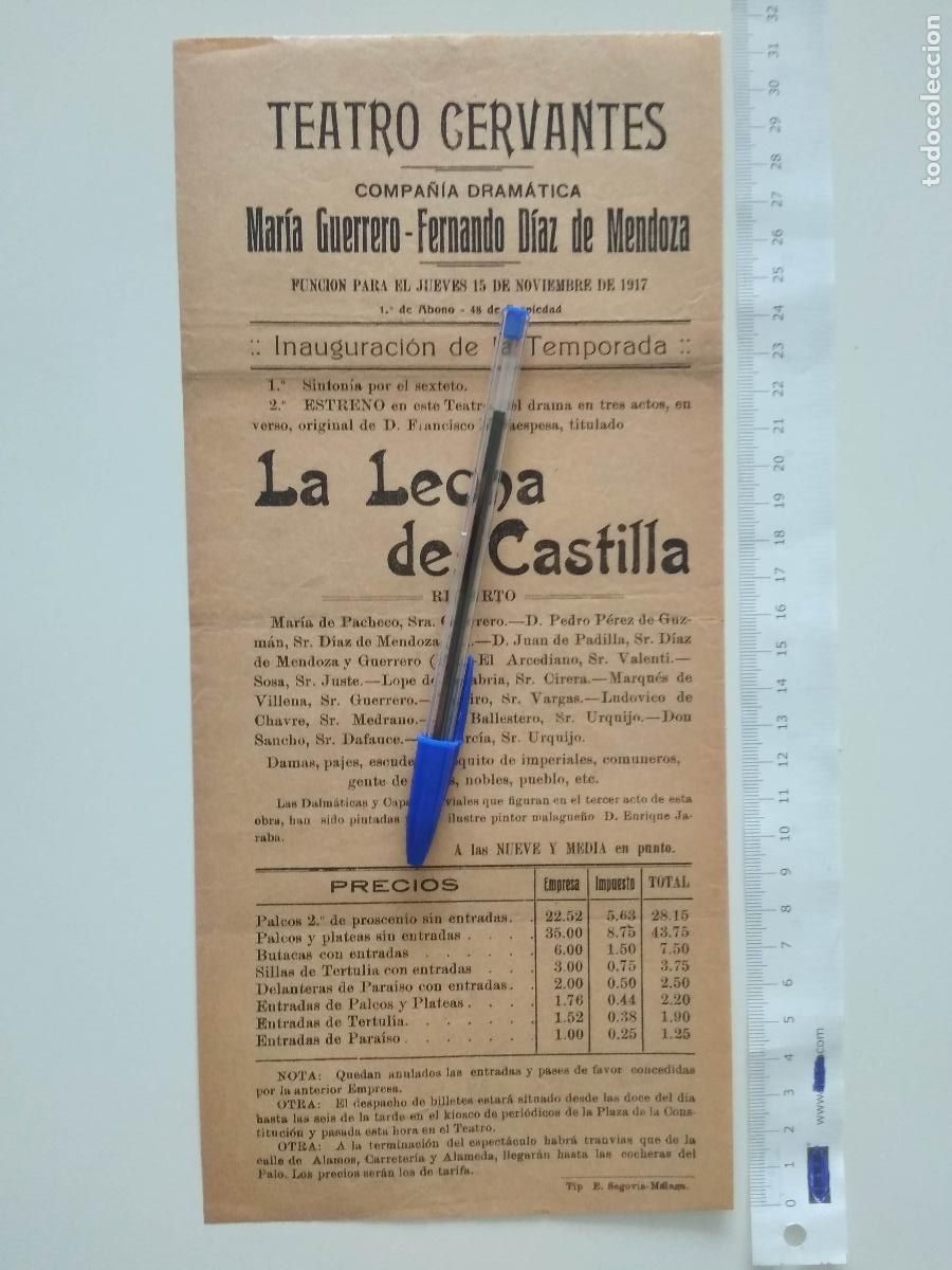 Coleccionismo de carteles: CARTEL TEATRO CERVANTES DE MALAGA 1917 COMPA&Ntilde;IA MARIA GUERRERO FERNANDO DIAZ DE MENDOZA