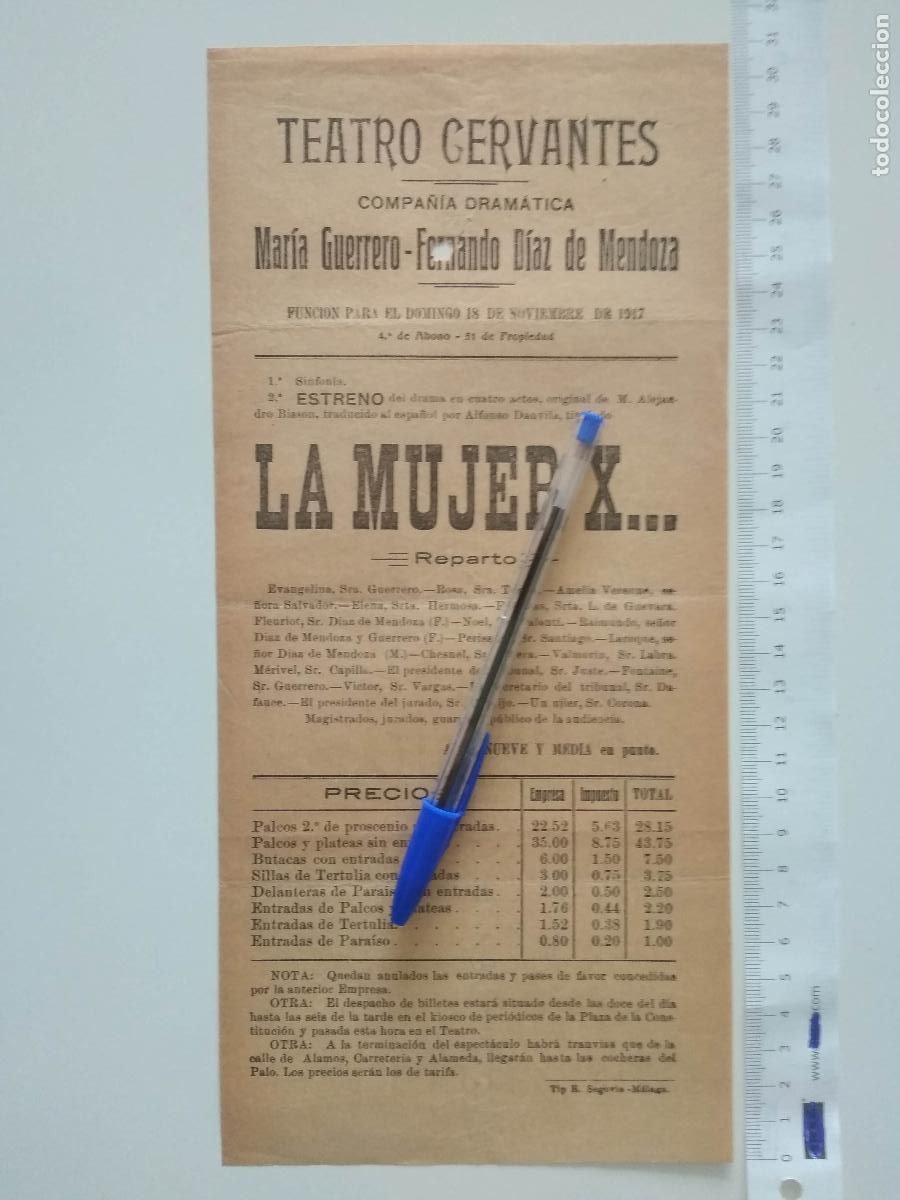 Coleccionismo de carteles: CARTEL TEATRO CERVANTES DE MALAGA 1917 COMPA&Ntilde;IA MARIA GUERRERO FERNANDO DIAZ DE MENDOZA LA MUJER X